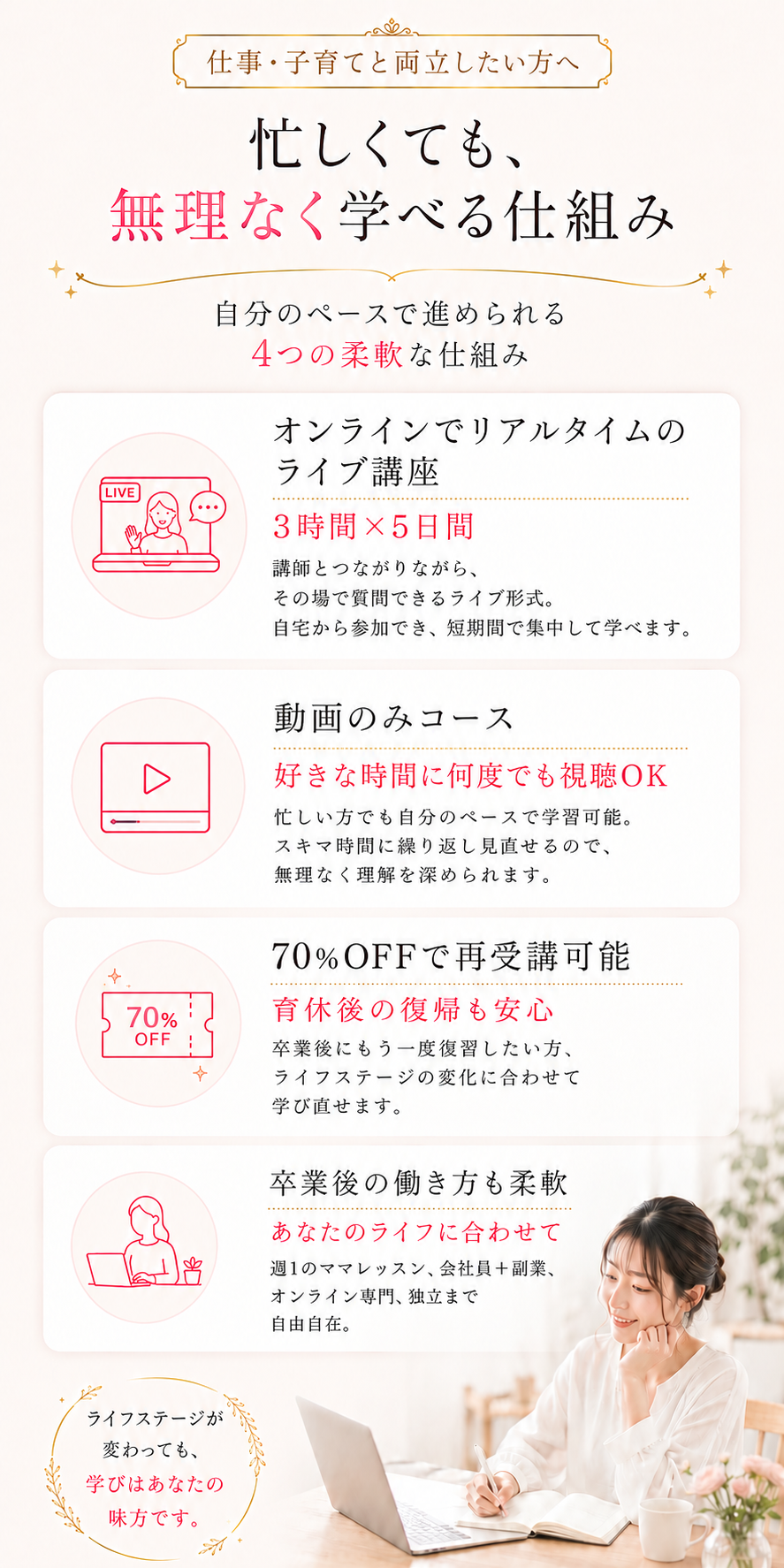 仕事・子育てと両立したい方へ。忙しくても、無理なく学べる仕組み。自分のペースで進められる4つの柔軟な仕組み：完全オンライン対応（全国どこからでも受講OK）、通学校舎は全国+海外（銀座・大阪・沖縄・韓国）、70%OFFで再受講可能（育休後の復帰も安心）、卒業後の働き方も柔軟。