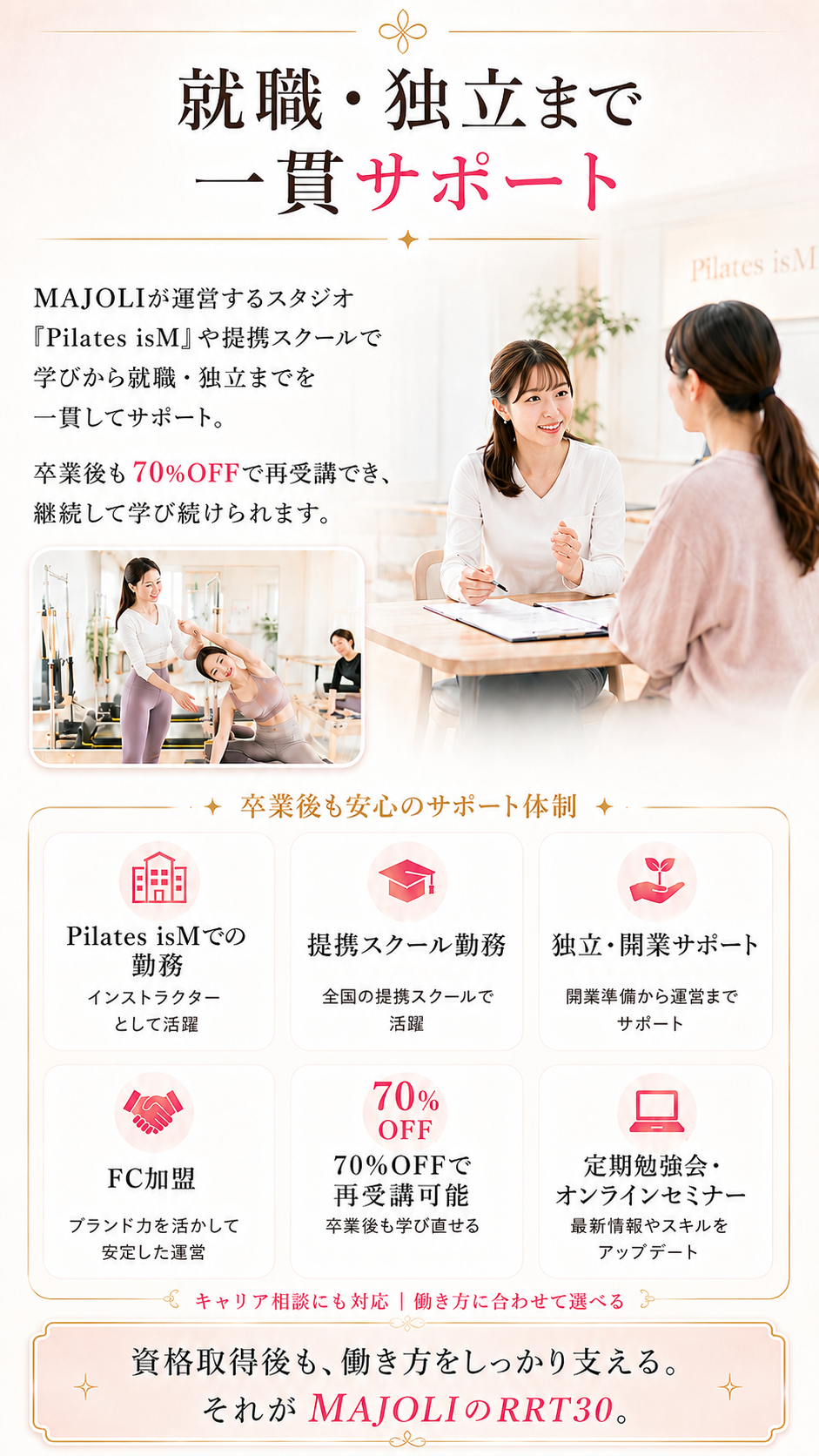 就職・独立まで一貫サポート。MAJOLIが運営するスタジオ「Pilates isM」や提携スクールでの勤務、独立・開業に対応。FC加盟で開業も可能、卒業後も70%OFFで再受講可能、定期勉強会・オンラインセミナーまで。卒業後も安心のサポート体制：Pilates isMでの勤務、提携スクール勤務、独立・開業サポート、FC加盟、70%OFF再受講制度、定期勉強会・オンラインセミナー。資格取得後も、働き方までしっかり支える。それがMAJOLIのRPT30。